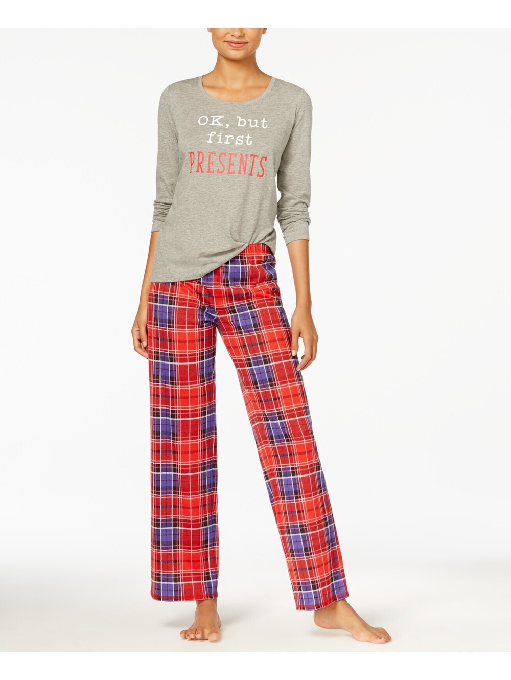 Jenni Womens Top And Printed Fleece Pants Pajama Set Size L